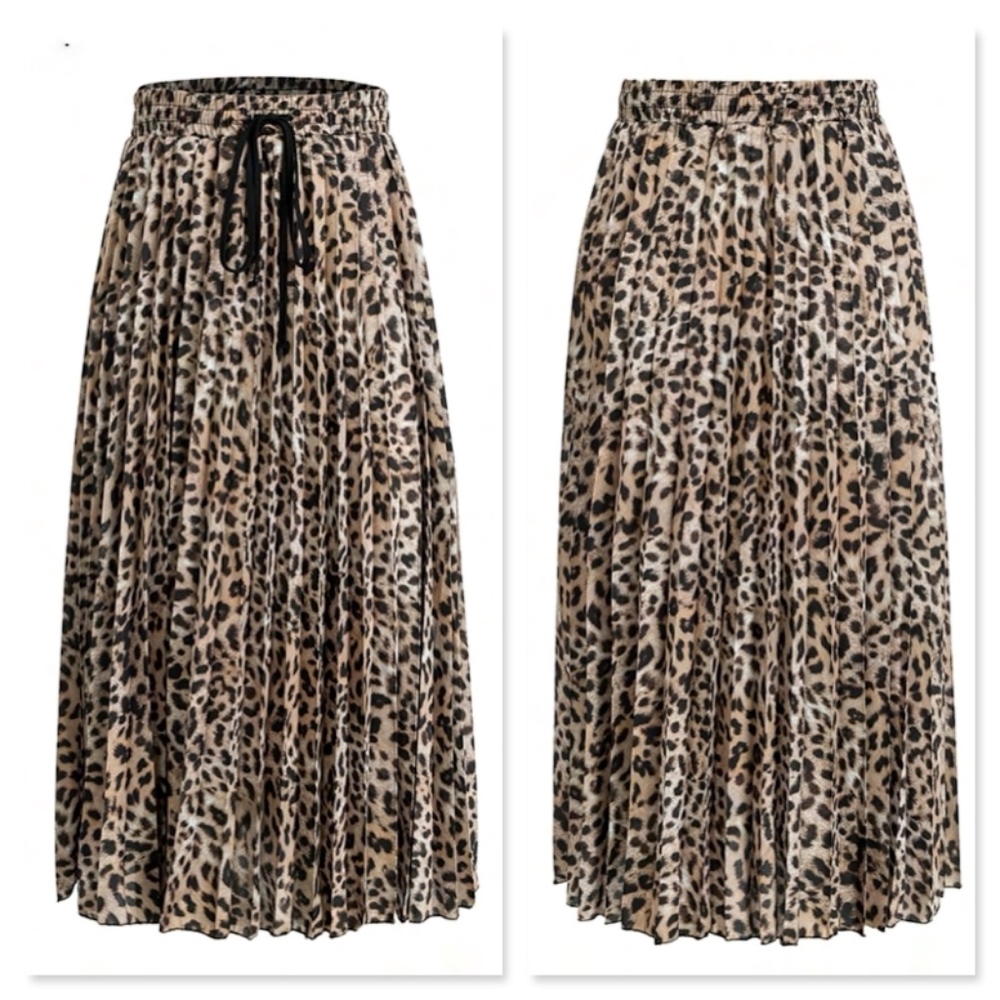 Cheetah Print Pleated Midi Skirt w/Drawstring - Picture 6 of 10